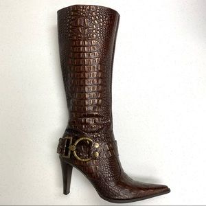 Gianni Bini Lizzy Alligator Brown Leather Boot Size 8 Convertible Buckle Strap